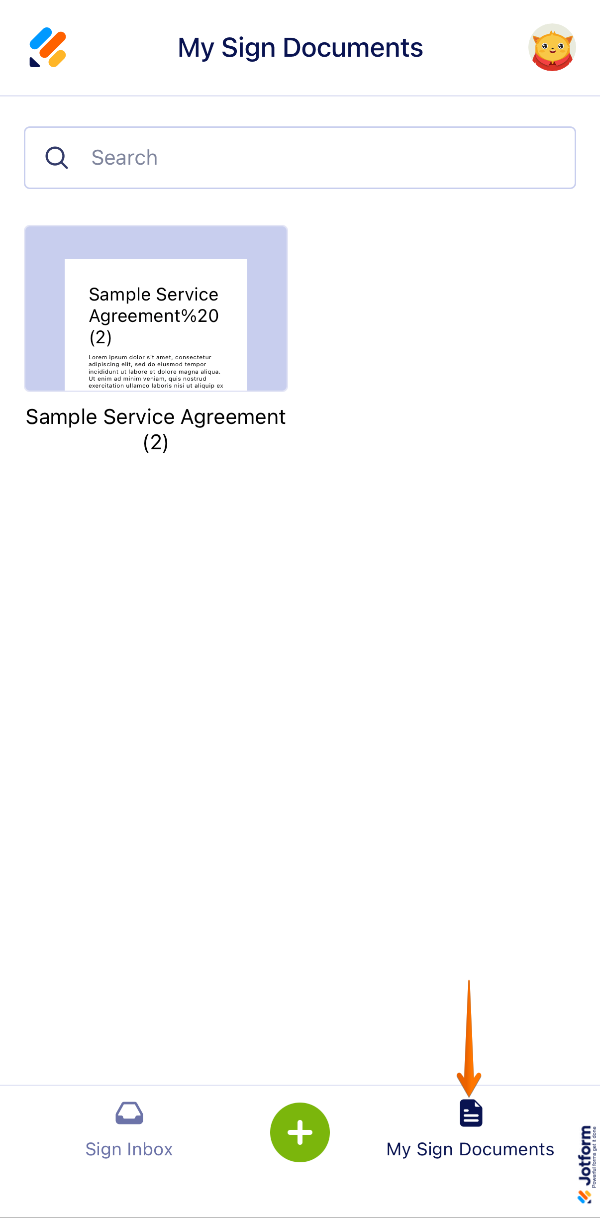 My Documents section in Jotform Sign Mobile App showing options to view all documents, preview and edit, sign existing documents, and create new sign flows