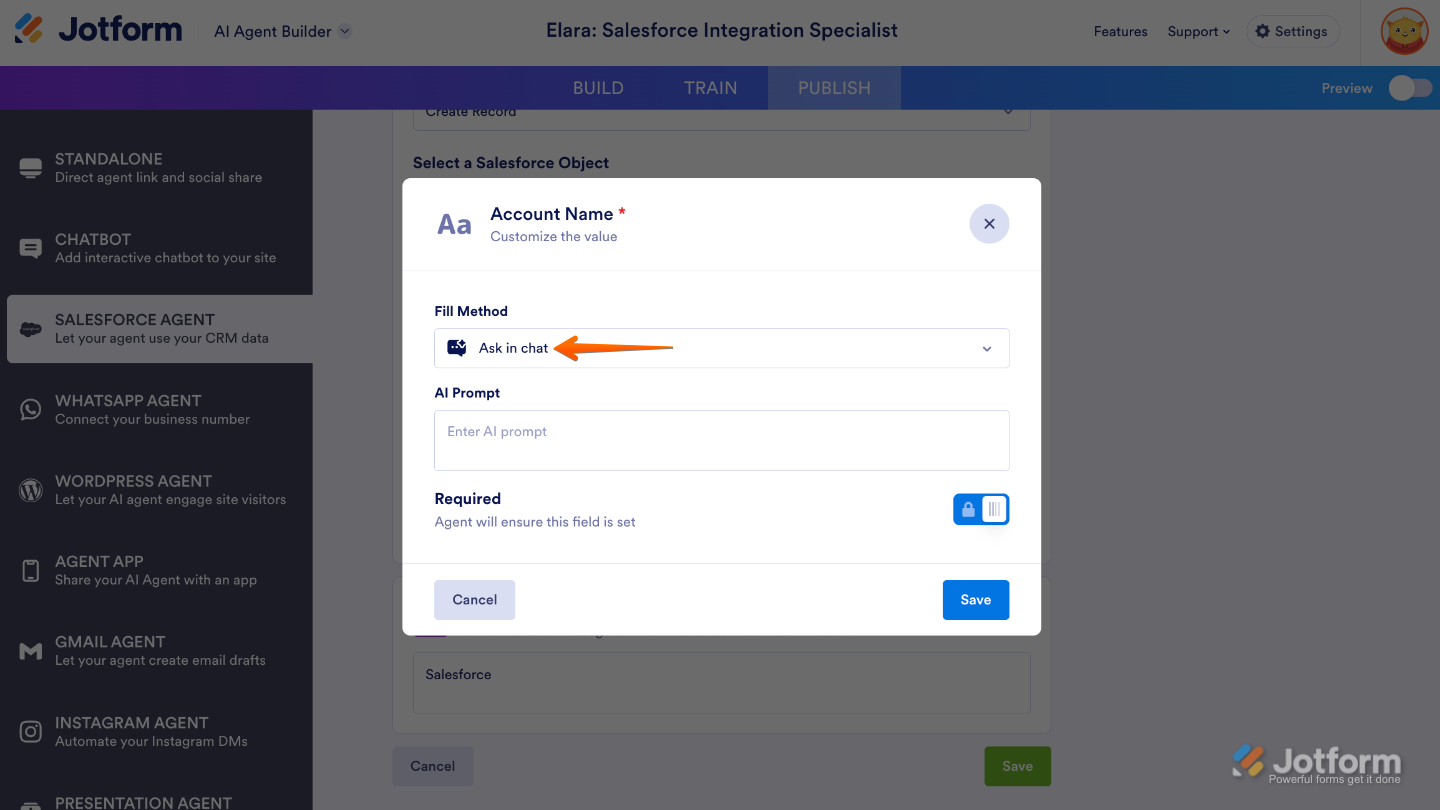 Salesforce Agent dashboard displaying Ask in Chat option under Field Fill settings for interactive Ai agent action