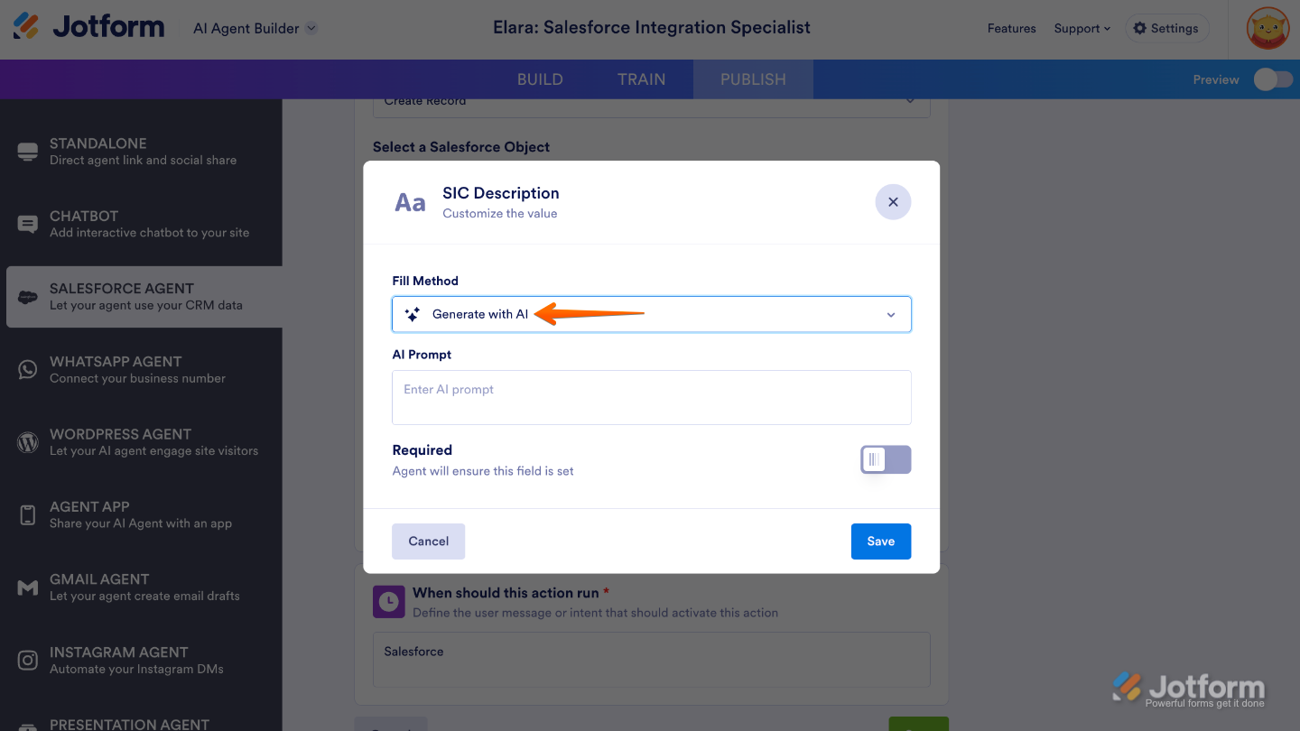 Salesforce Agent dashboard displaying Generate with Ai option under Field Fill settings for interactive Ai agent action
