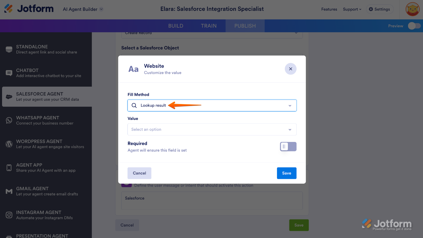 Salesforce Agent dashboard displaying Look Up Result option under Field Fill settings for interactive Ai agent action
