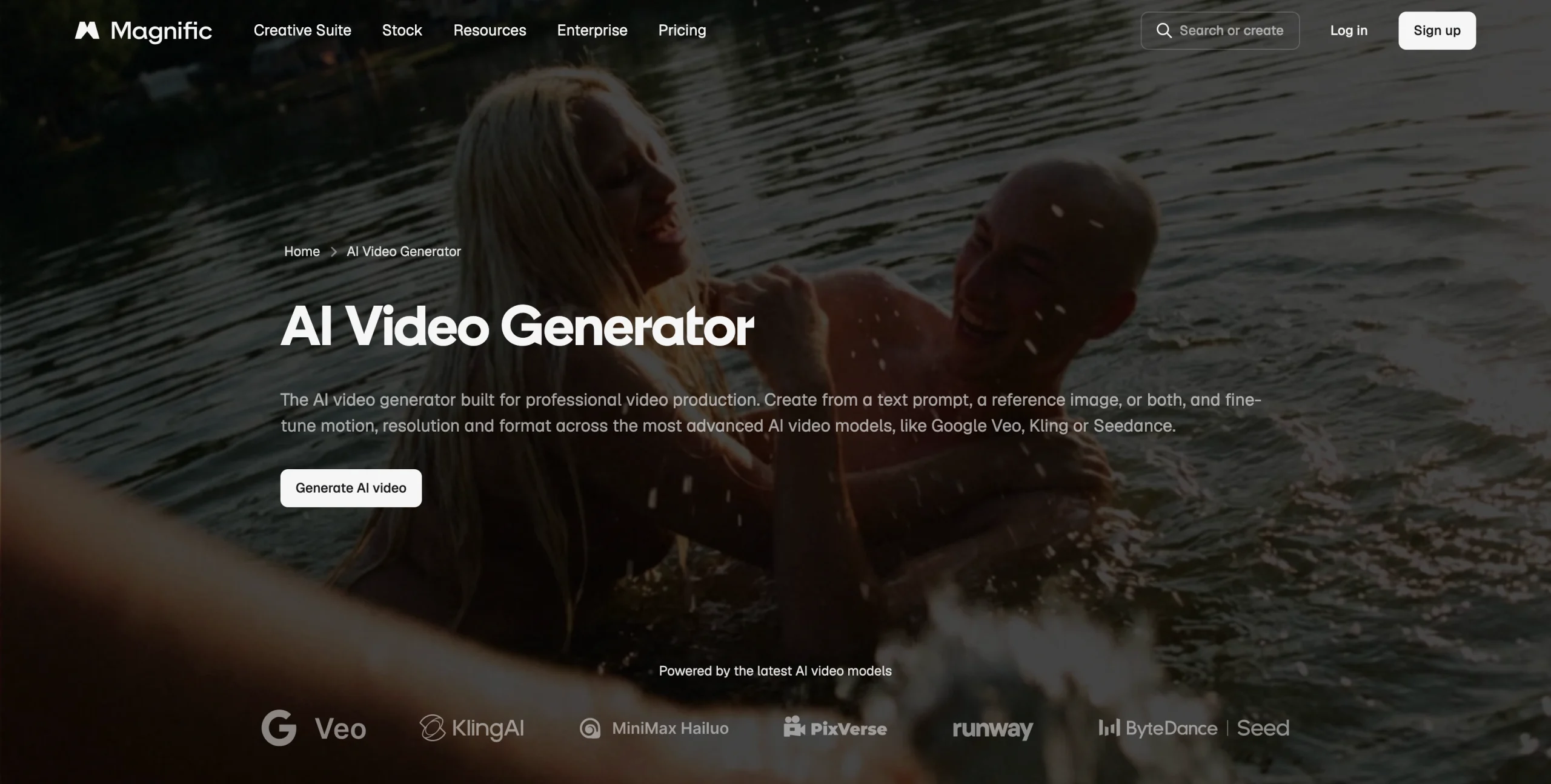 Screenshot of the Magnific AI Video Generator landing page
