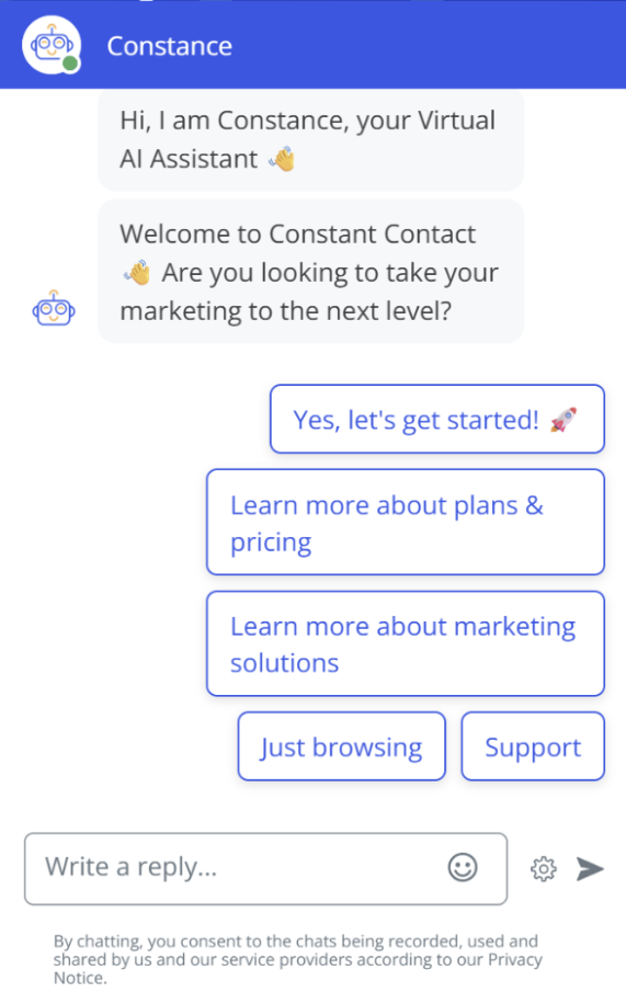screenshot of constance user interface showing the chat with AI giving suggestions for replies