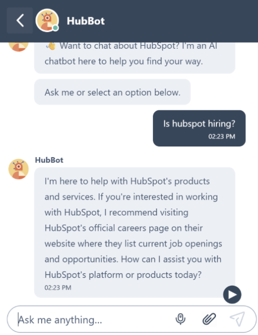 screenshot of Hubspot's Hubbot user interface showing a chat where the user asks if Hubspot is hiring