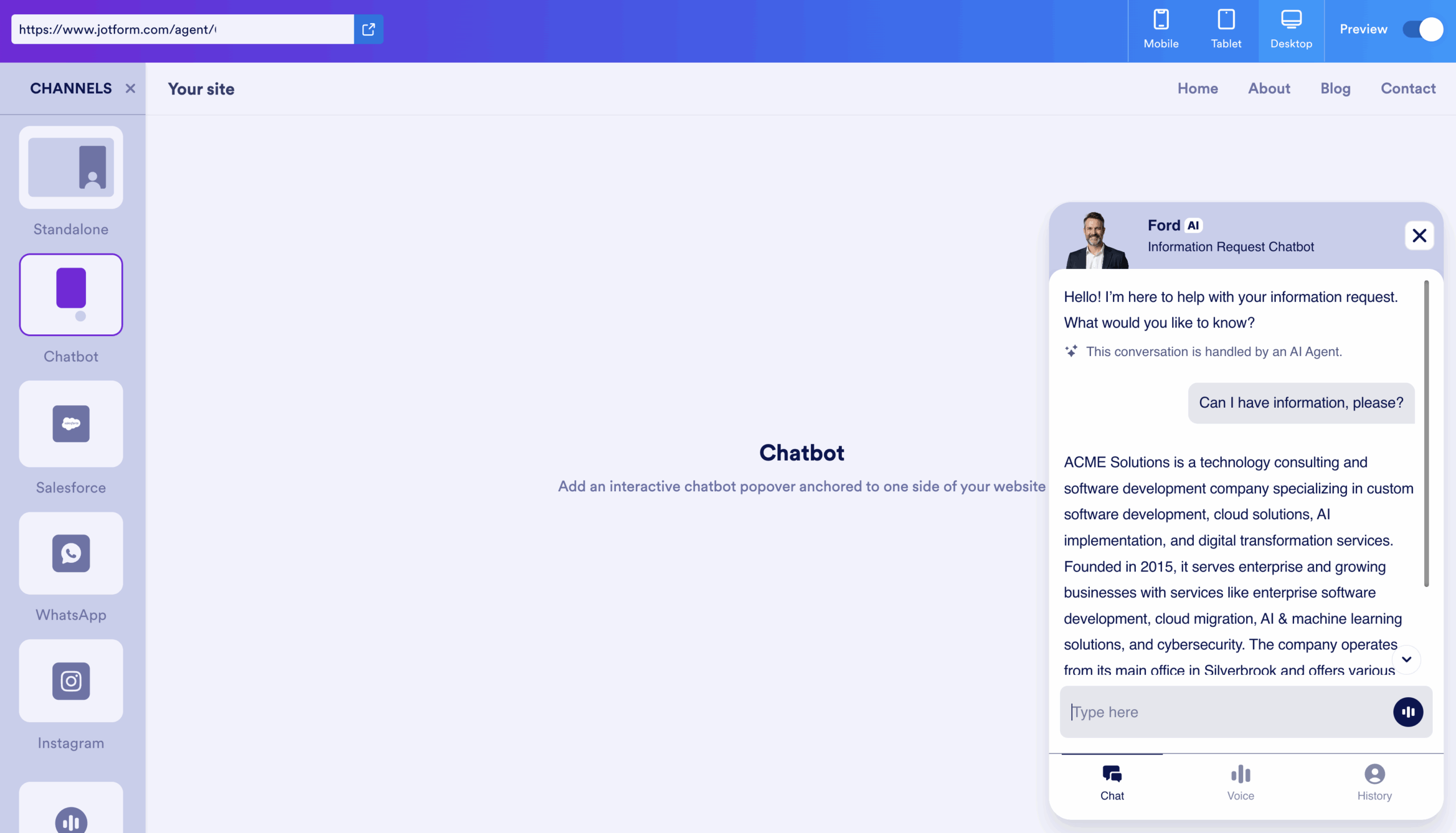 Testing the chatbot on the Jotform Chatbot Builder