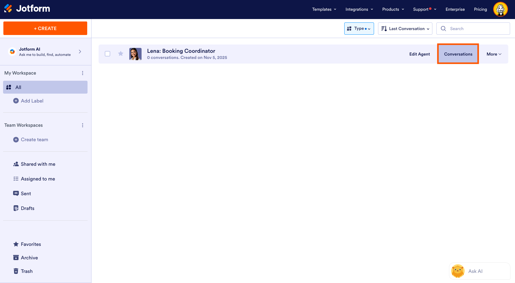 Jotform Workspace AI Agent Conversations Button