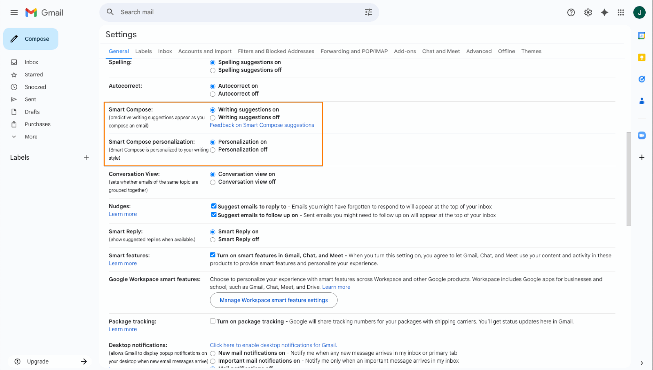 Gmail Settings Smart Compose Options