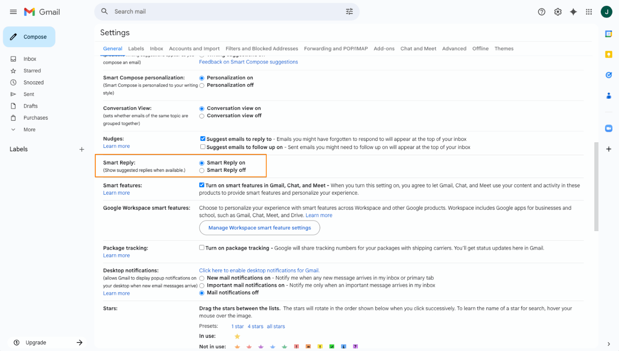 Gmail Settings Smart Reply Option