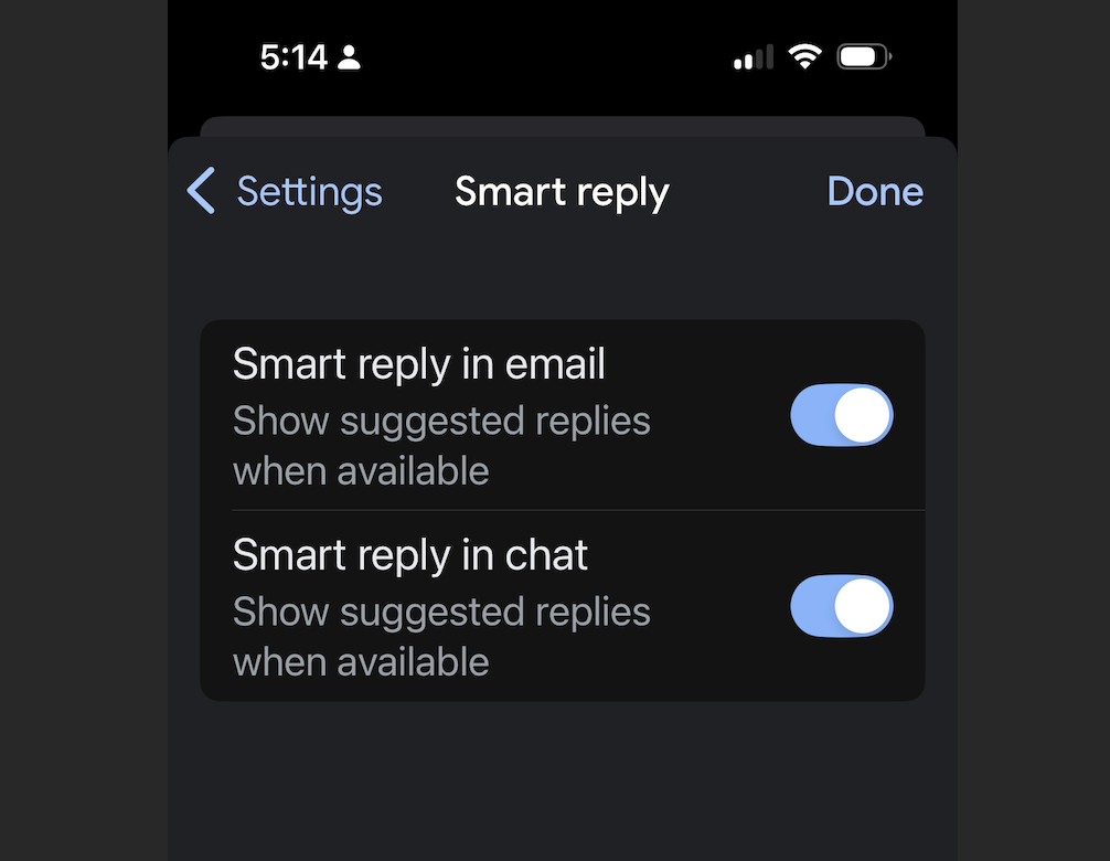 Gmail Mobile App Settings Smart Reply Section