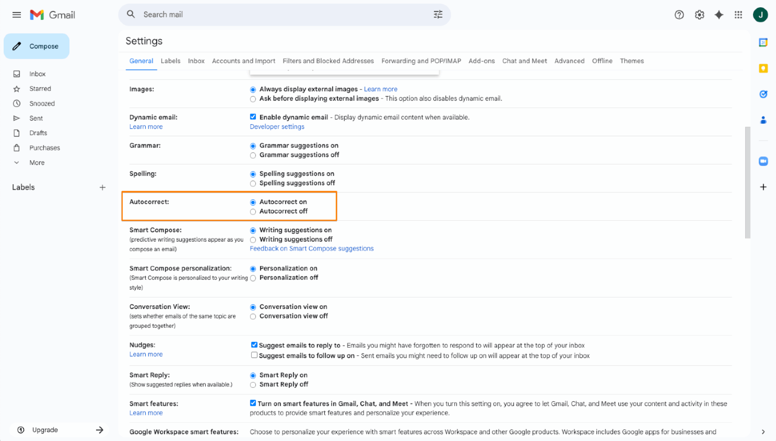 Gmail Settings Autocorrect Option