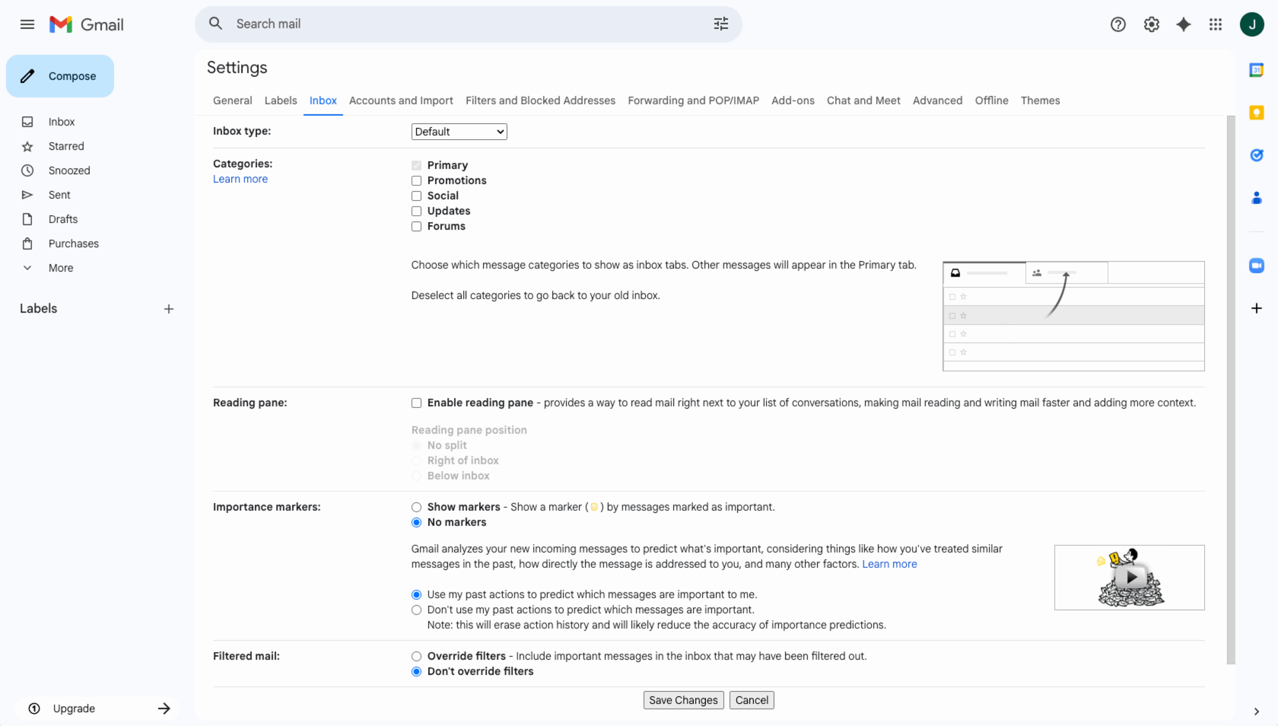 Gmail Inbox Settings Category Option Checkboxes