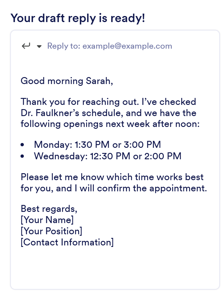 a gmail agent draft reply example for scheduling an appointment 