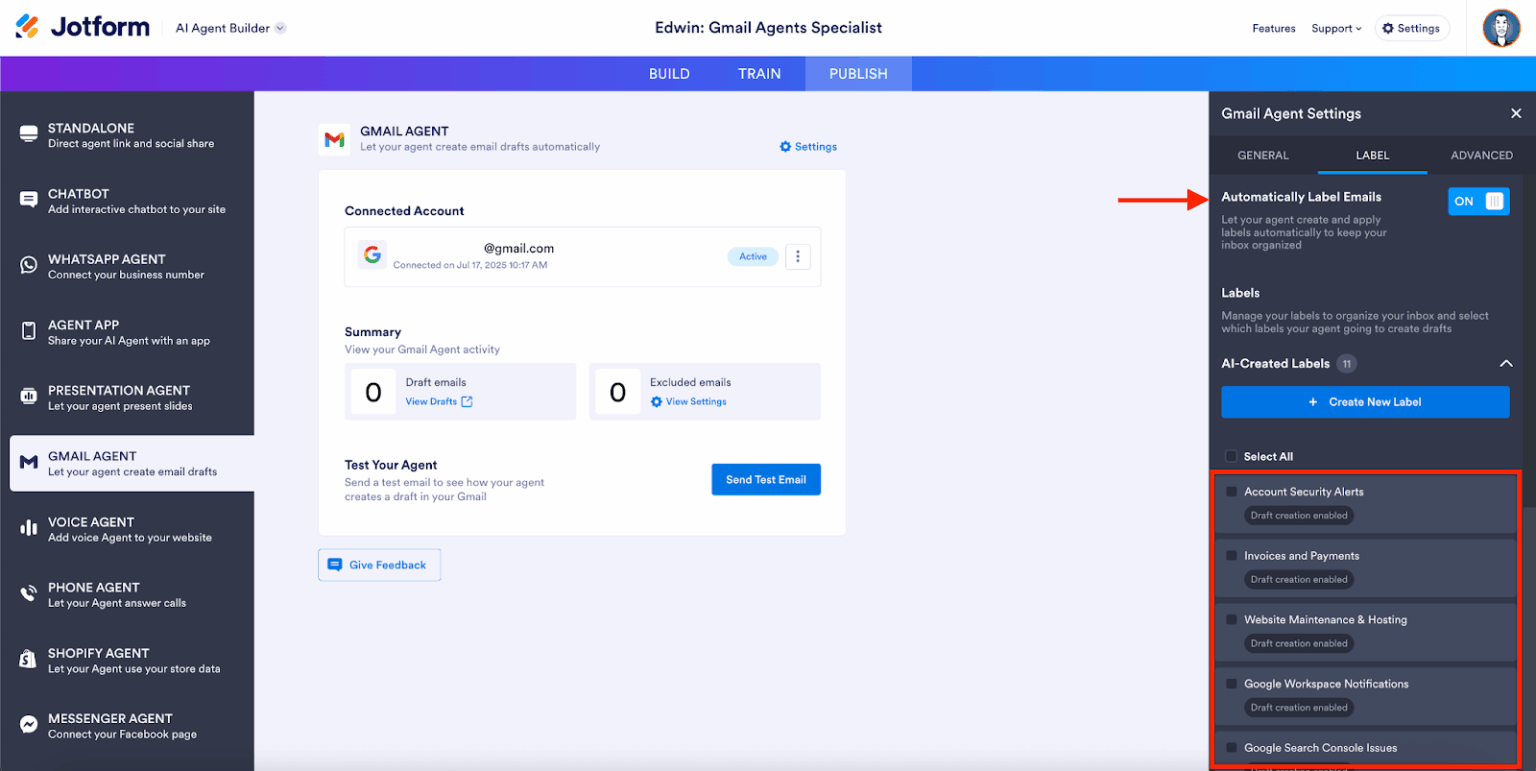 Clicking on the "Automatically Label Emails" toggle on the Gmail Agent Settings