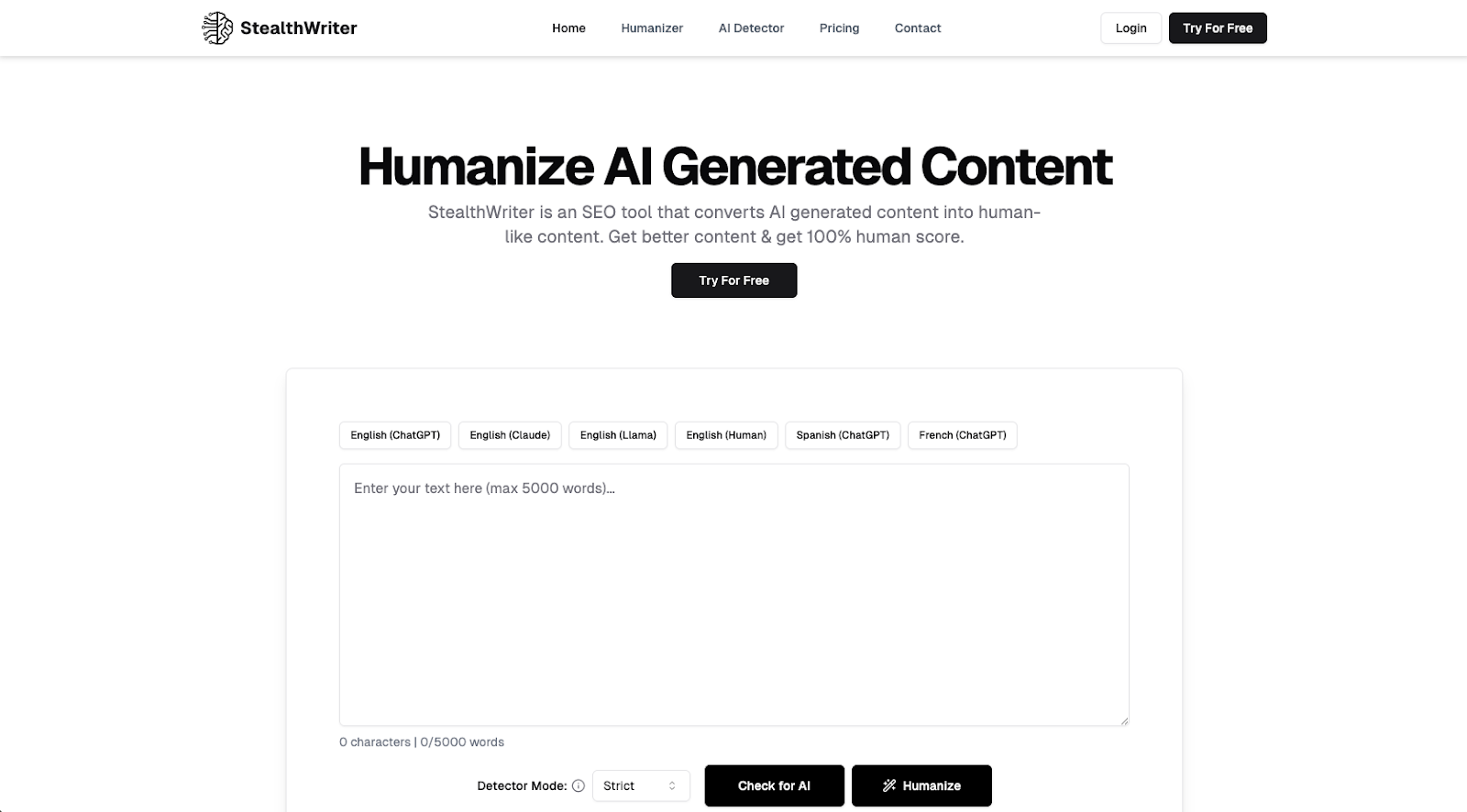 StealthWriter AI Humanizer Tool Page
