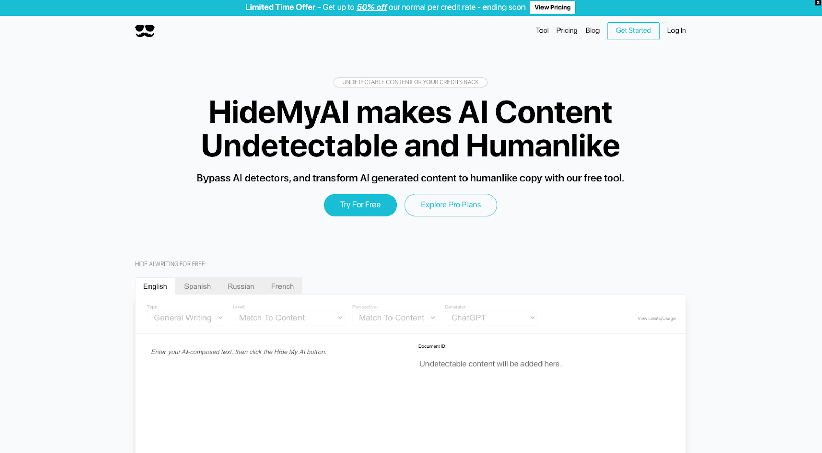HideMyAI AI Content Humanizer Tool Page