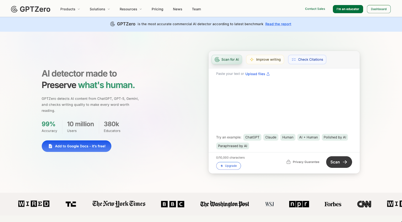 GPTZero AI Detector Tool Page