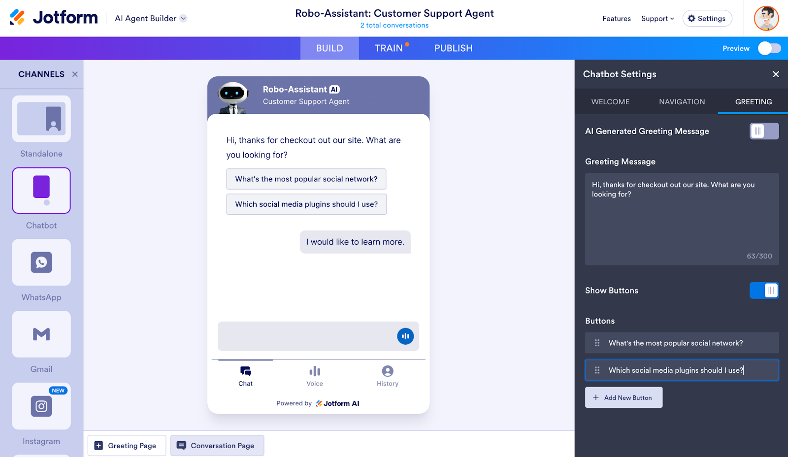 Screenshot of Jotform's AI Agent Builder interface, featuring a sample chat with Robo-Assistant, a customer support chatbot made with Jotform