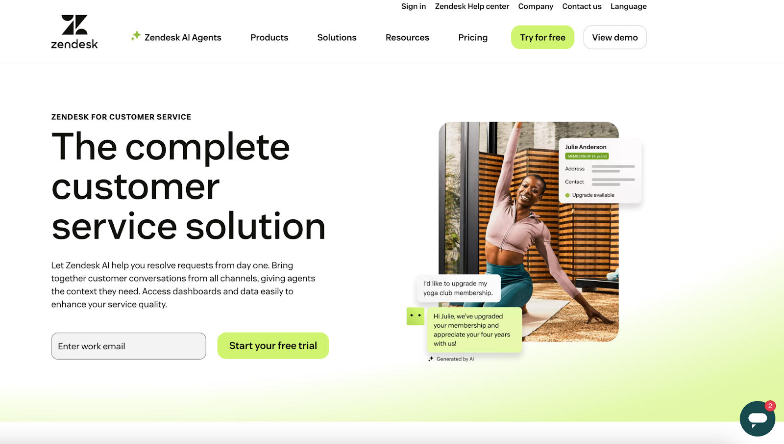 Screenshot of the Zendesk for Customer Service landing page,  featuring an image of a sample AI-led customer chat and a button to click for starting a free trial