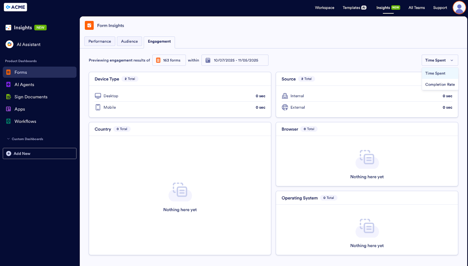 Viewing the completion rate metrics and time spent on forms in the Engagement tab