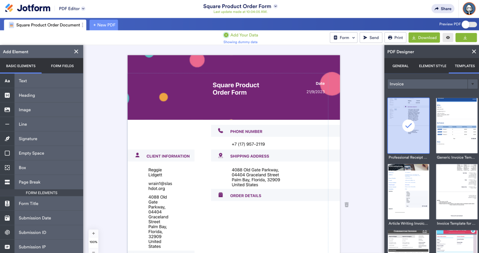 Jotform PDF Editor interface showing an example product order form