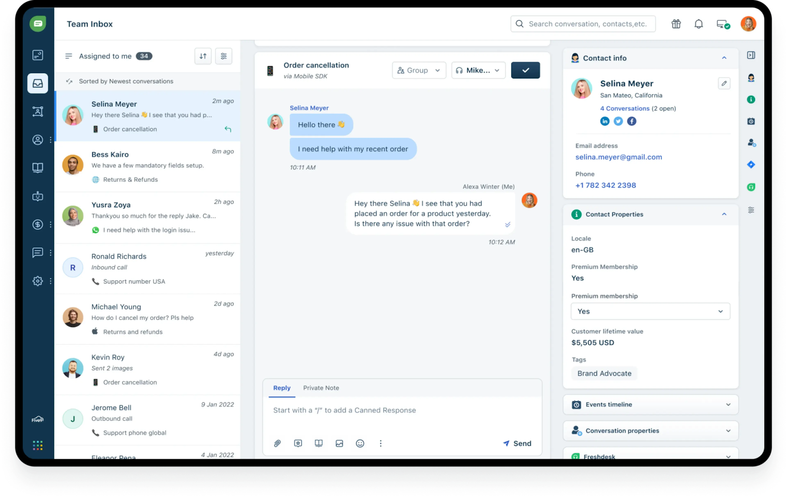 freshdesk product interface screenshot showing the contant info, chat with users 