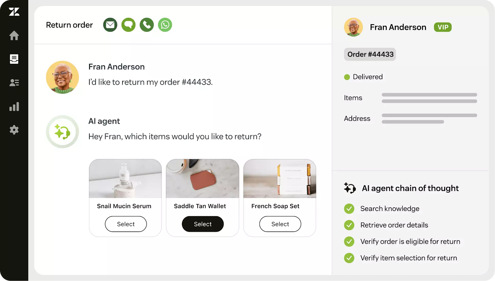 screenshot of Zendesk product interface showing the AI Agents and its reply to a customer who wants to return her order