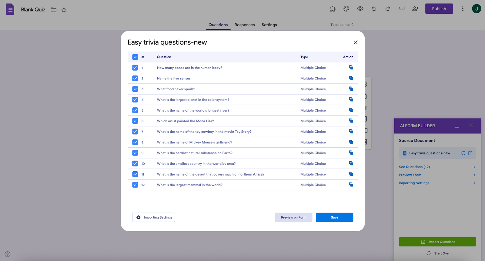 AI Form Builder See Questions Menu