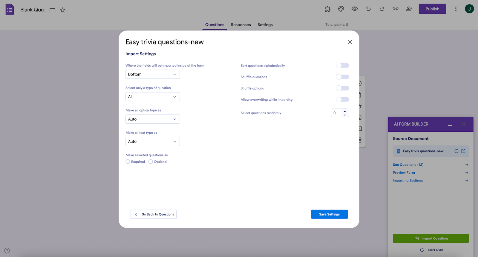 AI Form Builder Importing Settings Menu
