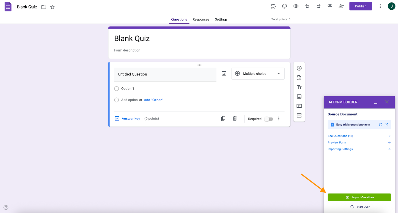 AI Form Builder Import Questions Button