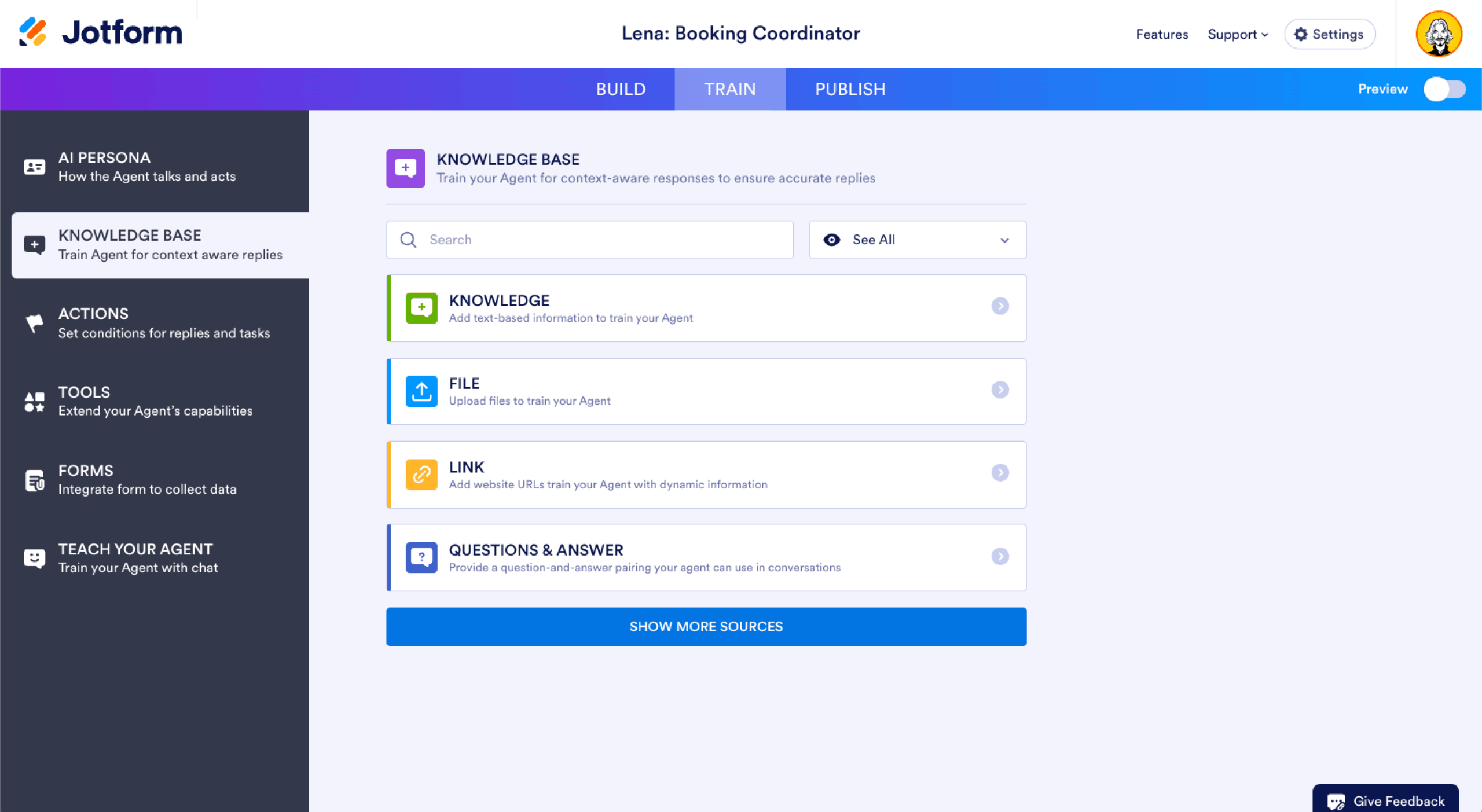 Jotform AI Agent Builder Train Tab