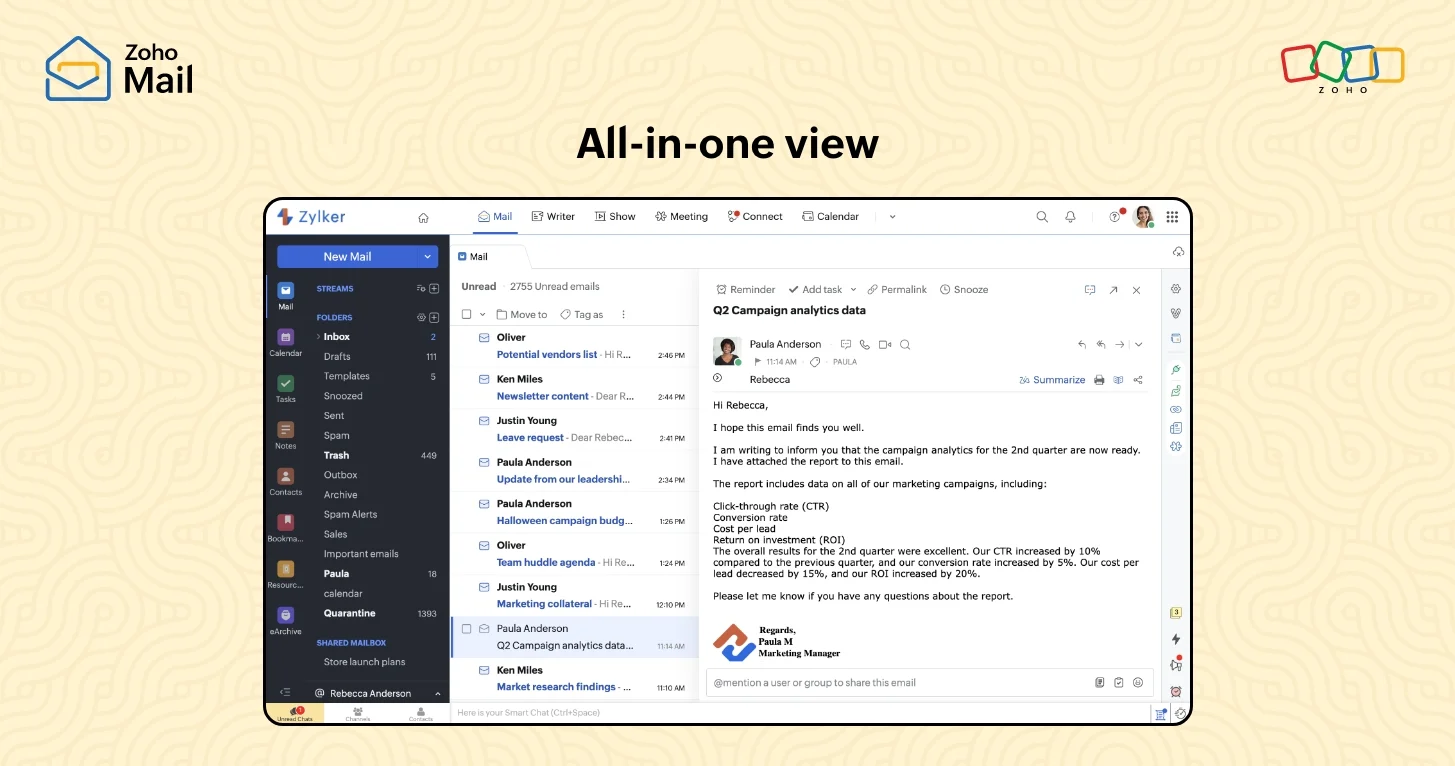 User Interface of Zoho Mail