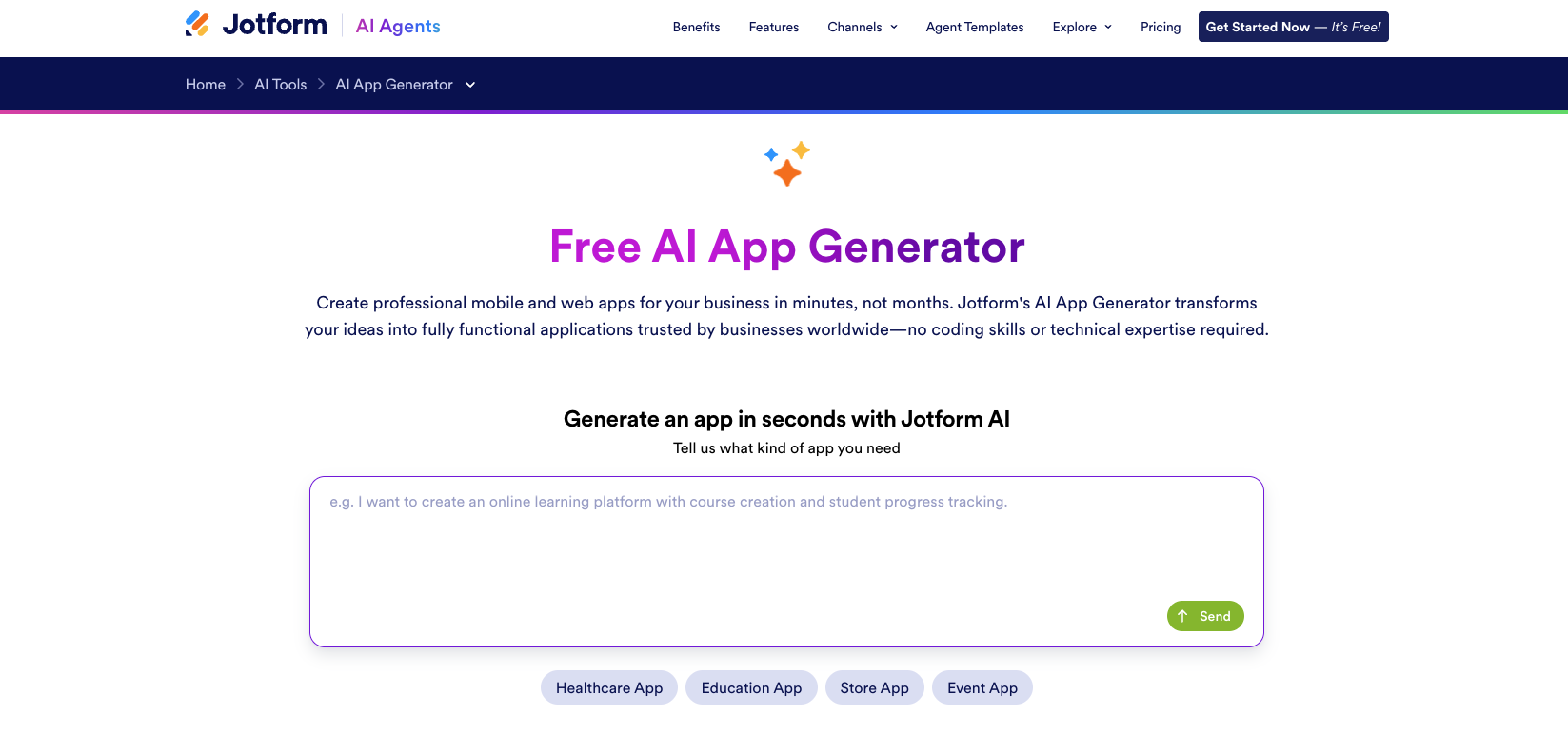 screenshot of jotform ai app generator landing page