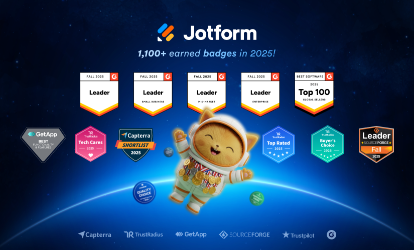 Viewing Jotform's 1,100+ user review badges earned in 2025