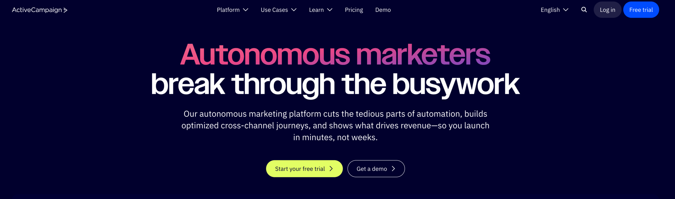 Screenshot of activecampaign landing page 