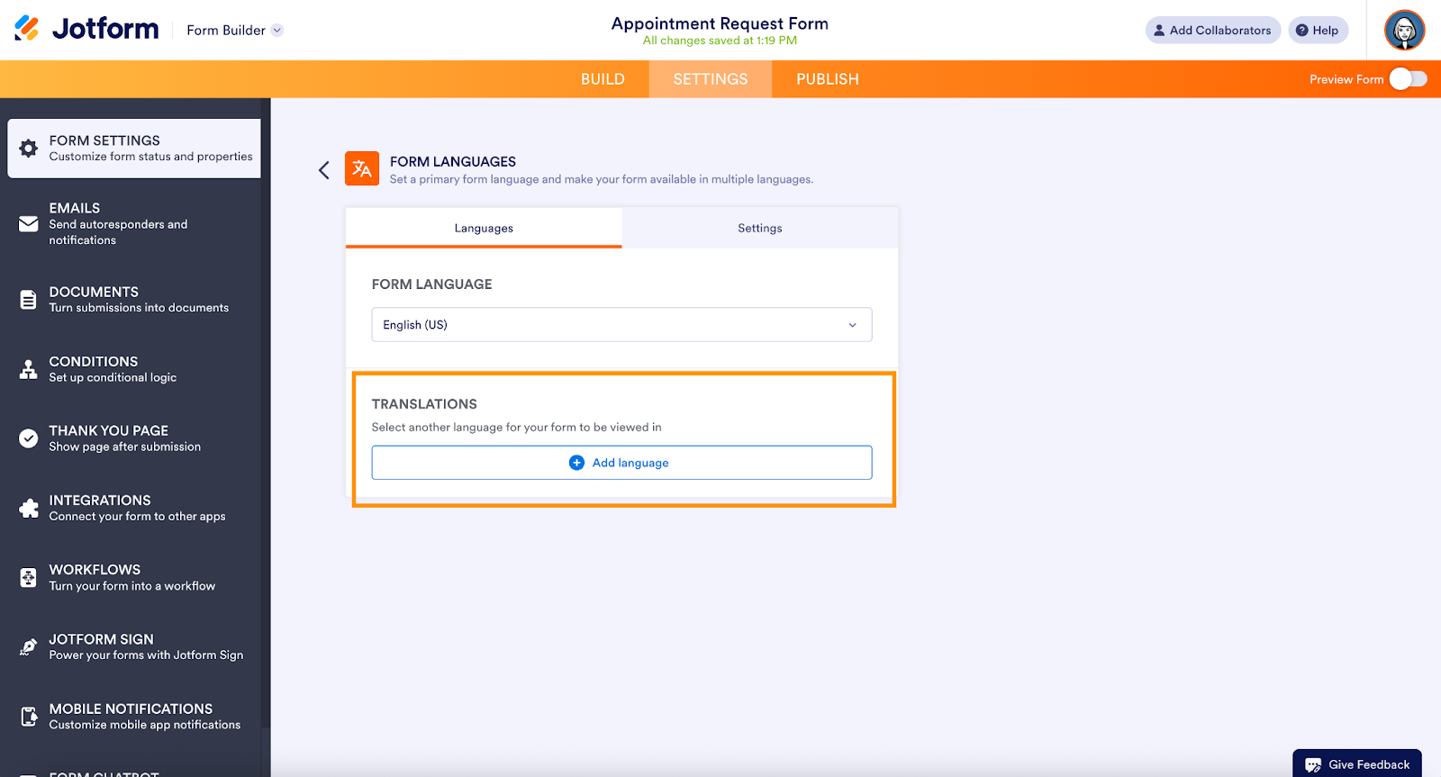 Jotform Form Languages settings showing the default form language and a highlighted section for adding additional languages