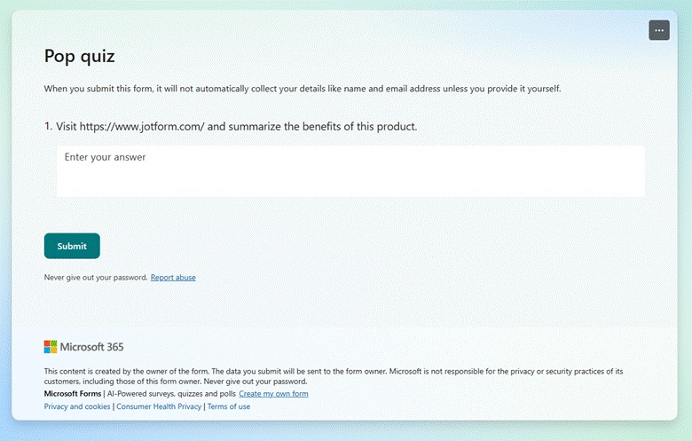 Capture d'écran du lien hypertexte non fonctionnel sur Microsoft Forms Desktop