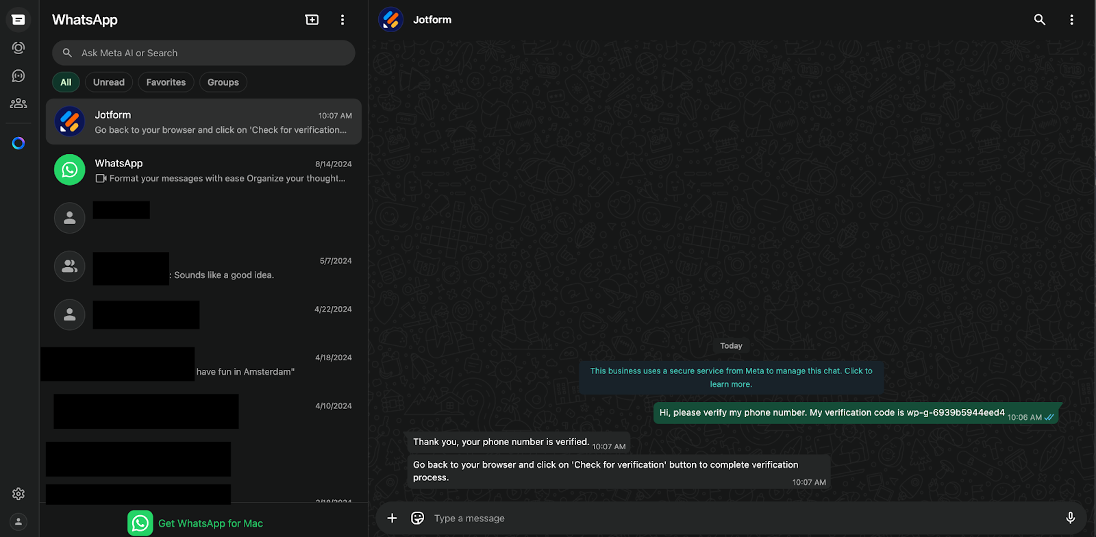Entering the verification code as a message to Jotform on WhatsApp