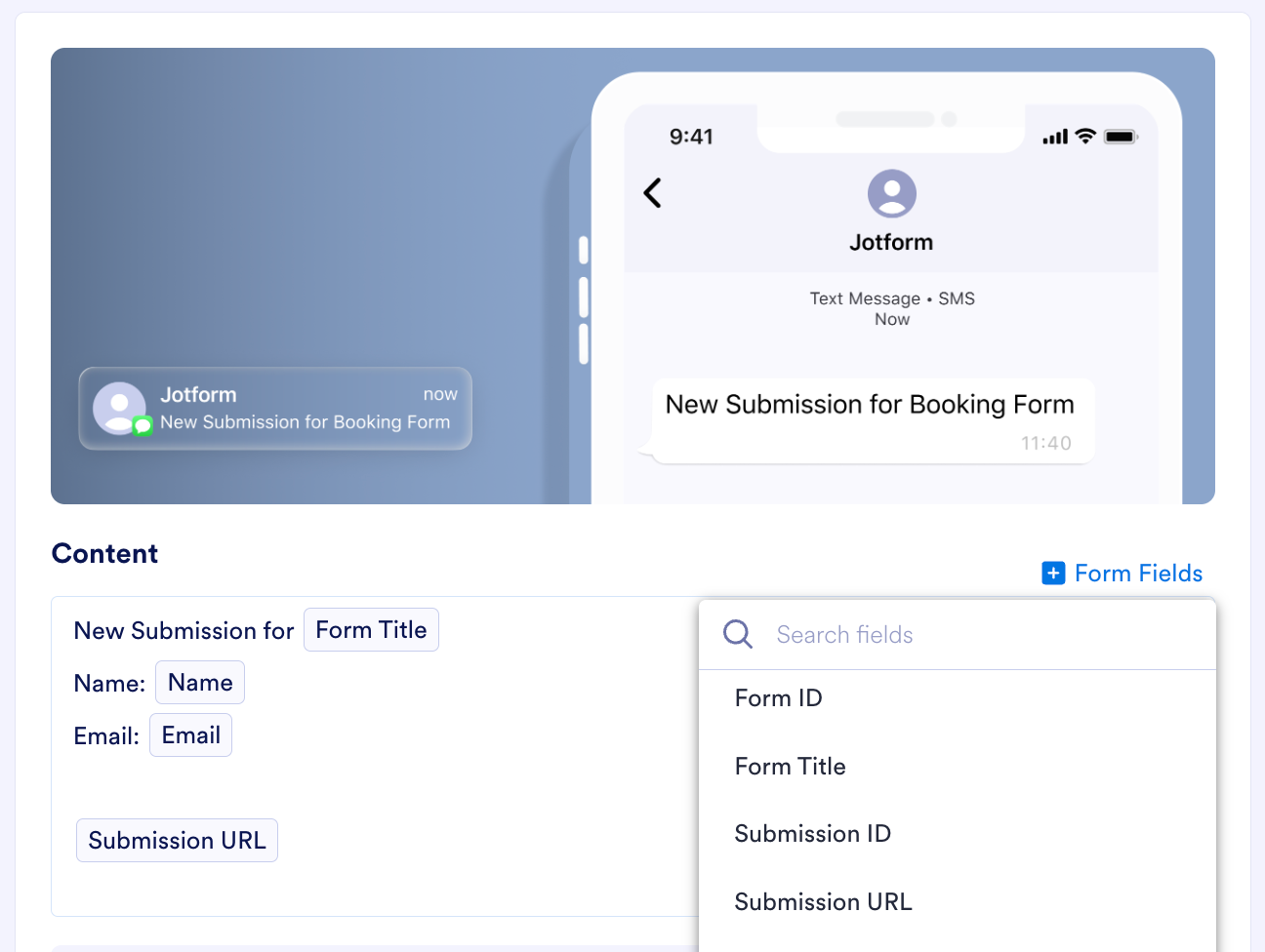 Choosing which form fields to include in the notification from the Content section