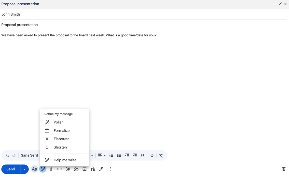 A “Refine my message” menu is open, displaying options like Polish, Formalize, Elaborate, Shorten, and Help me write, alongside the email formatting toolbar and Send button