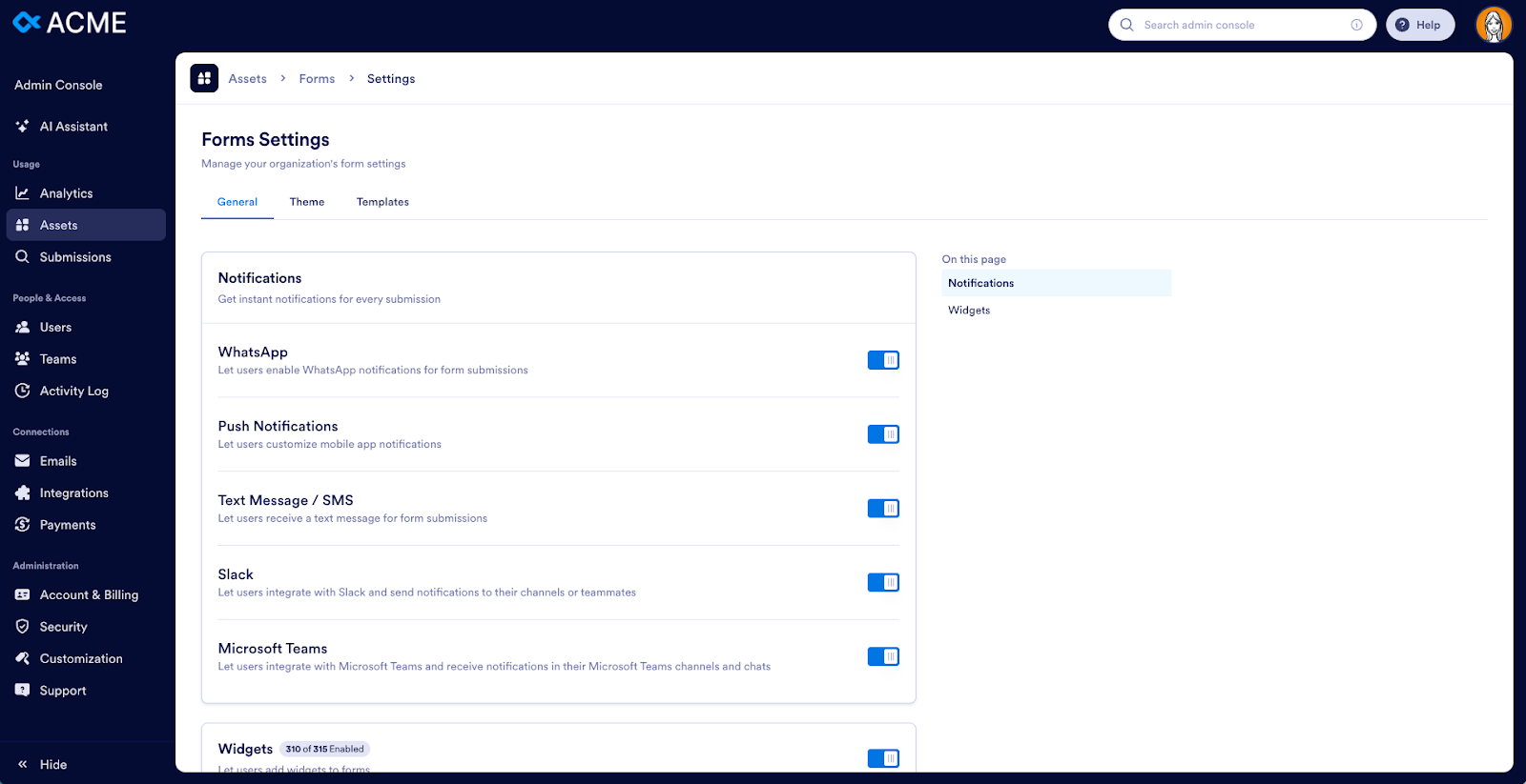 Viewing the Forms Settings page on the Enterprise Admin Console