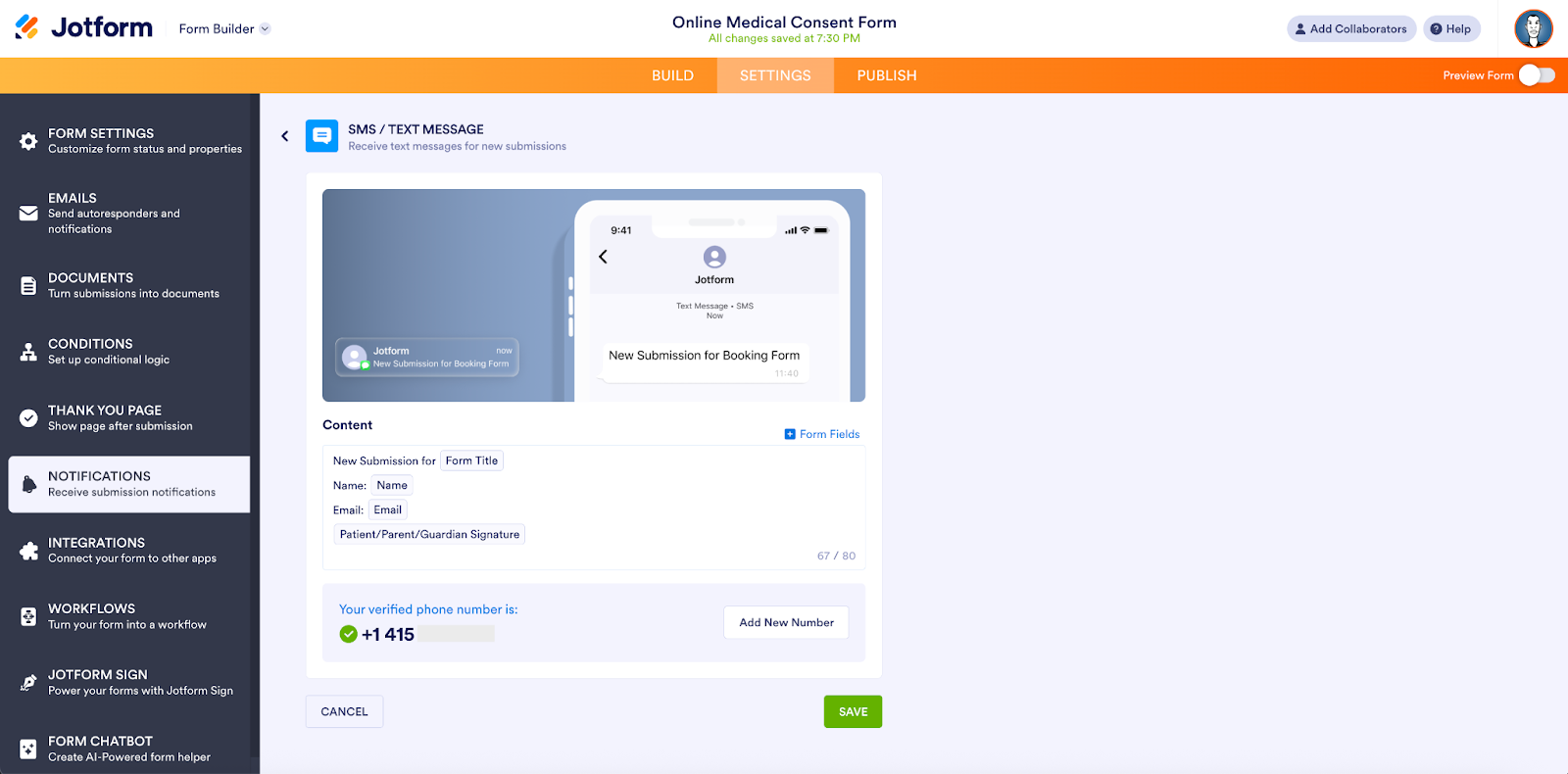 Entering the code sent to the phone to the SMS / Text Message page on Jotform Form Builder