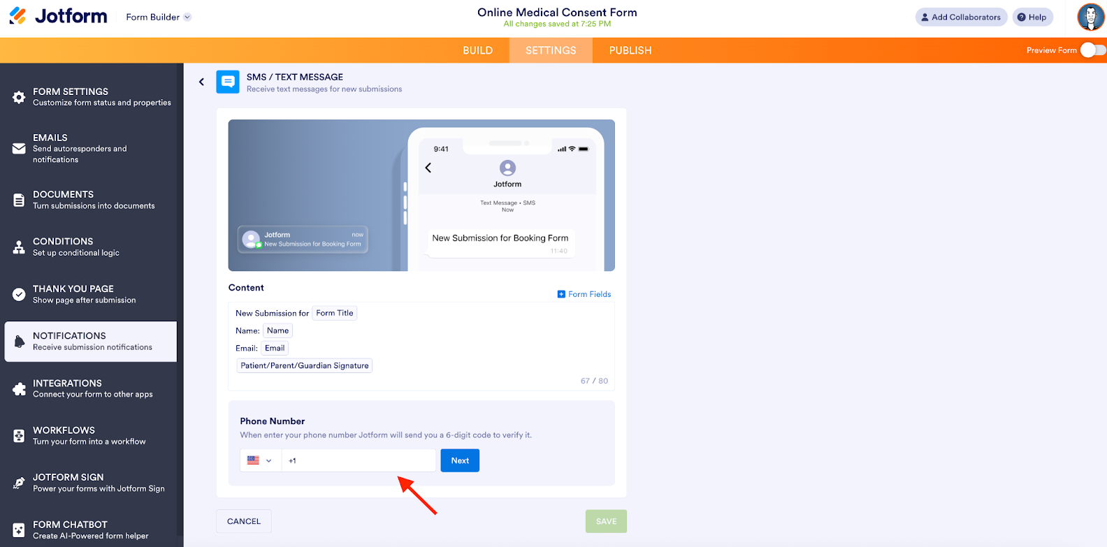 Entering the phone number to the SMS / Text Message page on Jotform Form Builder