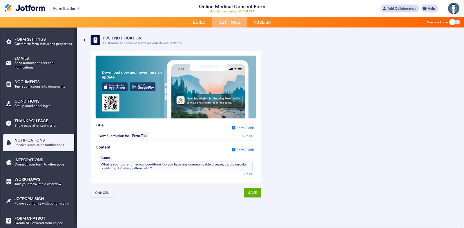 Viewing the Push Notification page on Jotform Form Builder