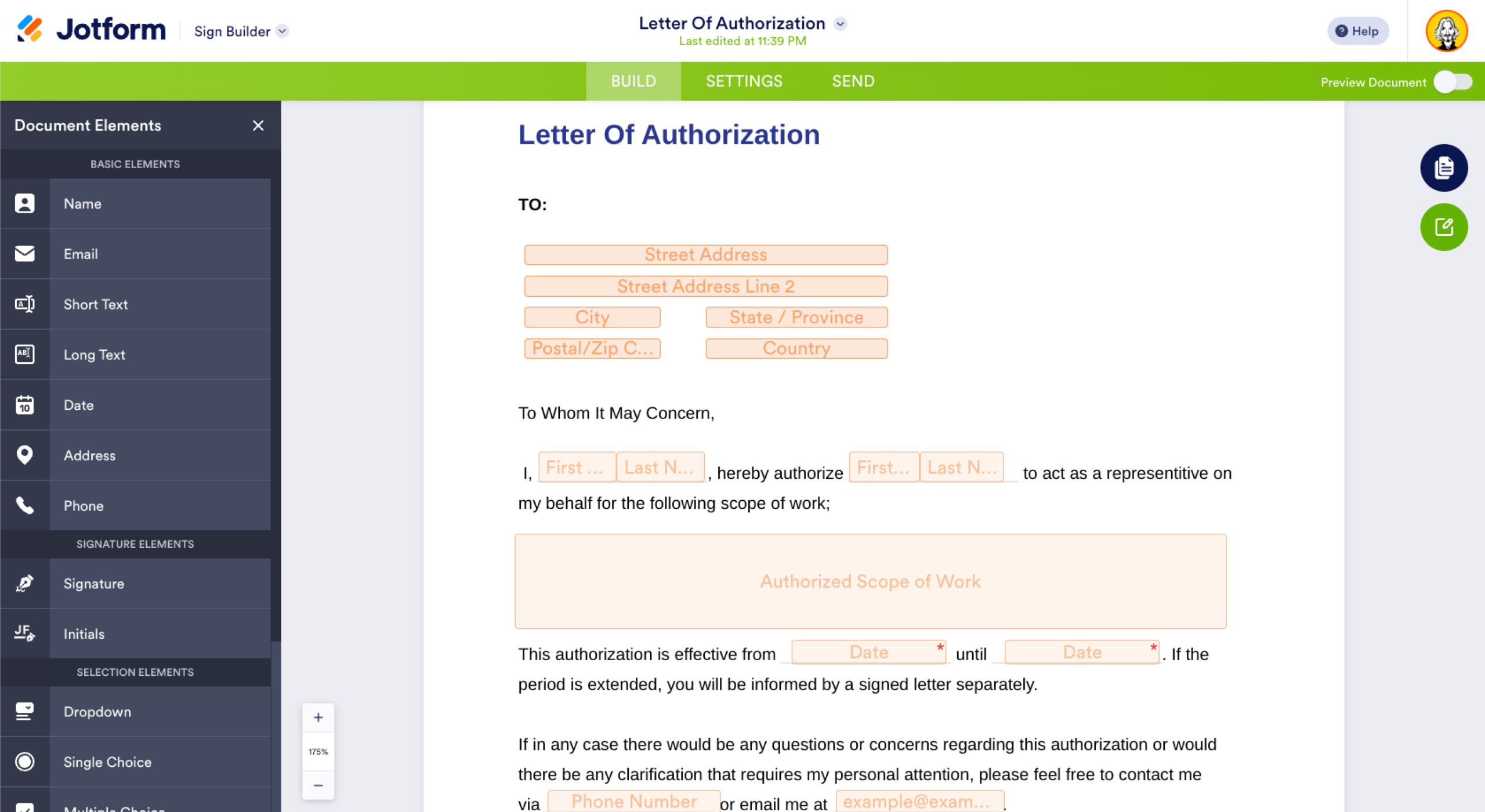 Jotform Sign Builder Document Elements Menu