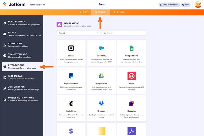 Jotform Form Builder Settings Tab Integrations Menu