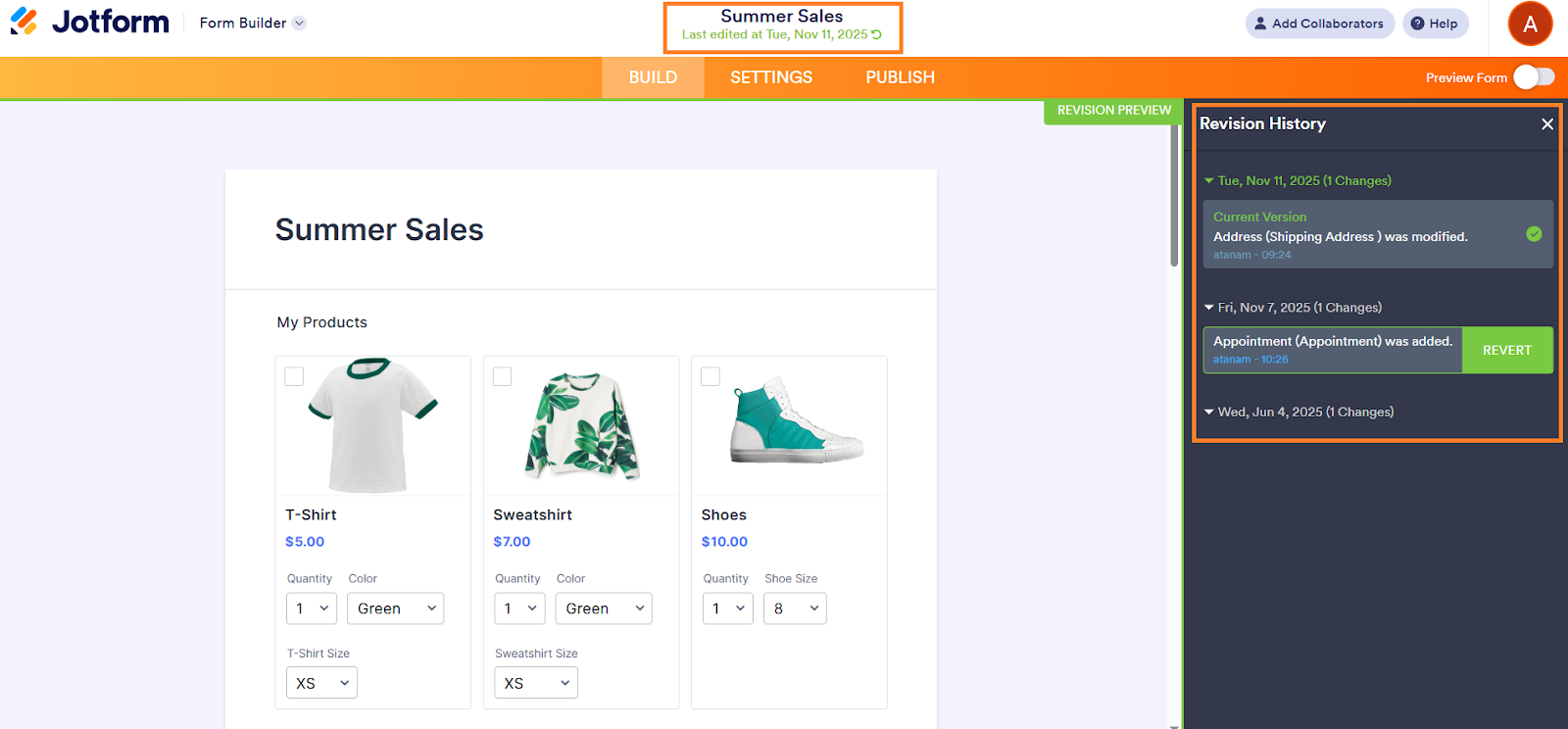 Viewing the Revision History field on Jotform Form Builder