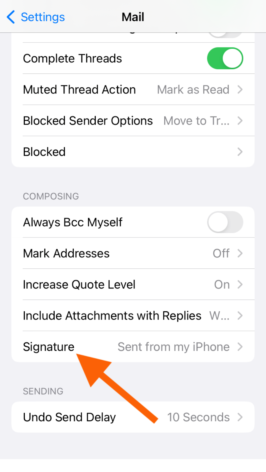 iPhone interface showing the Mail Settings screen and pointing to the Signature option under the Composing section