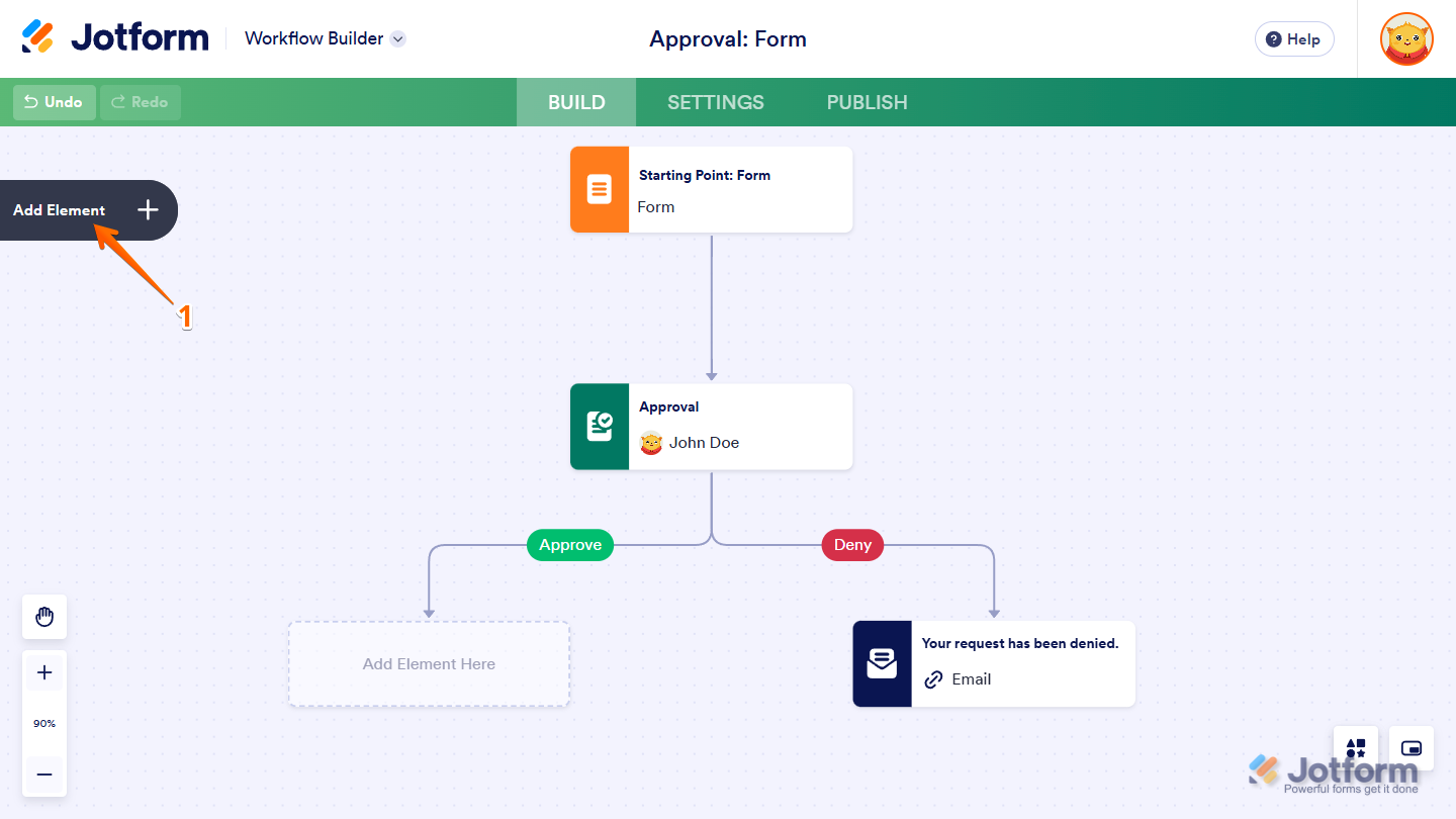 Add Element button in Jotform Workflow Builder