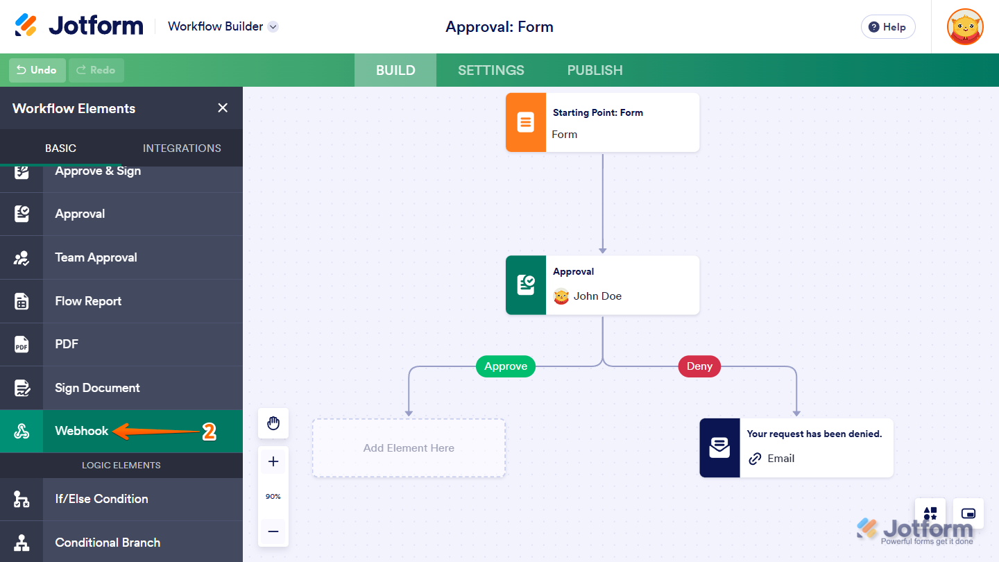Webhook element in the Jotform Workflow Builder
