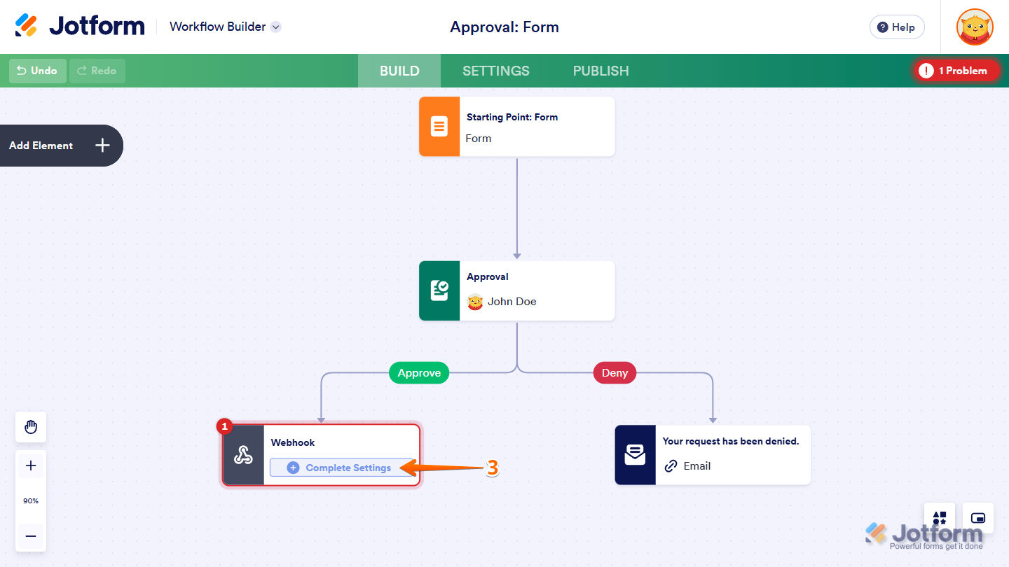 Complete Settings button in the Webhook element of the Jotform Workflow Builder