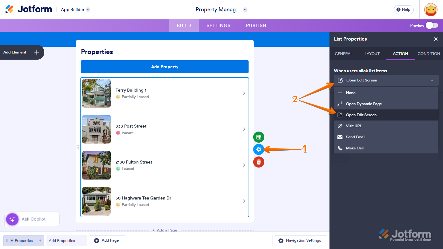 App Builder list element settings showing Action tab with Open Edit Screen option for list item editing in Jotform